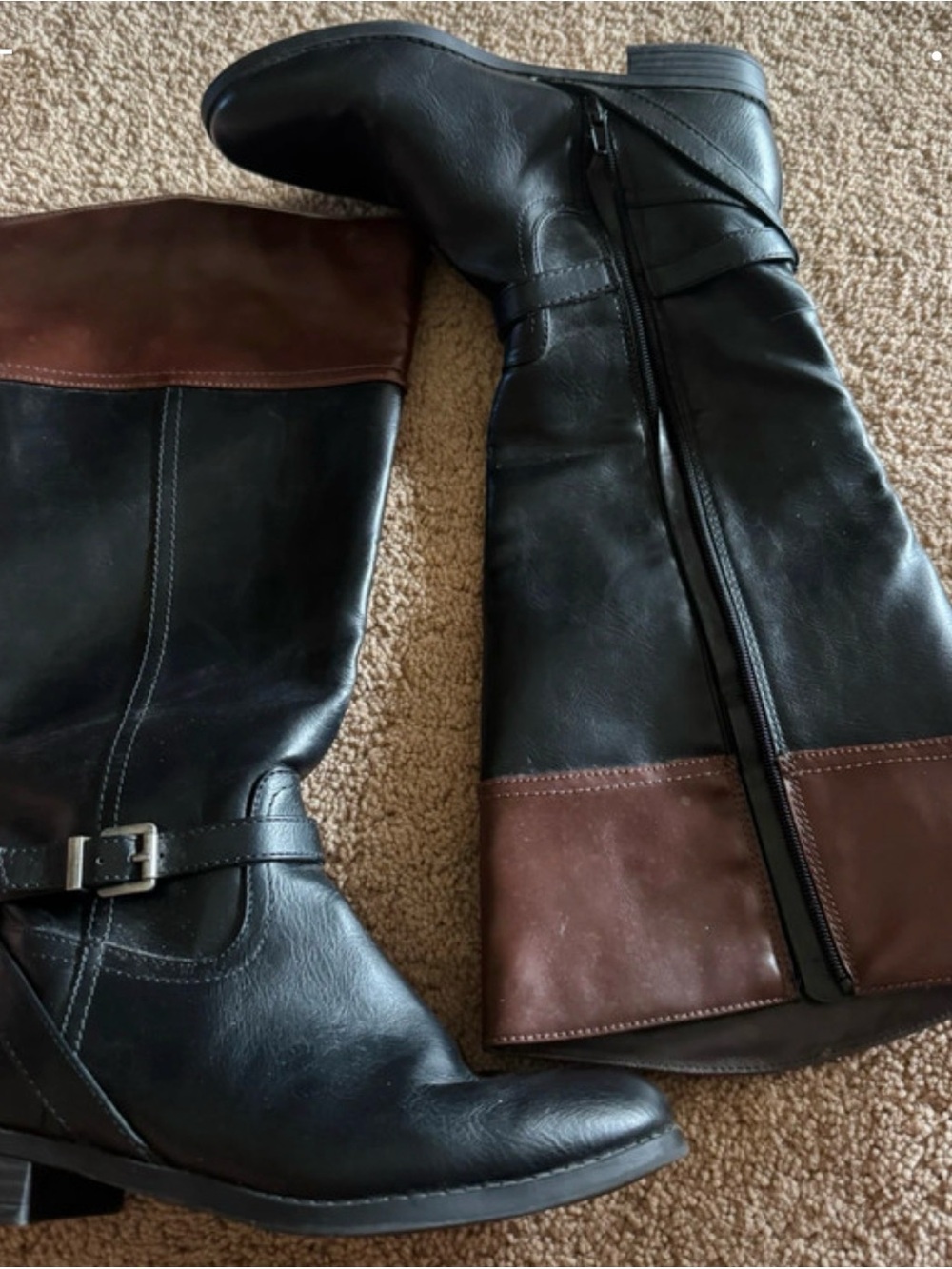 Women's Two-Tone Black and Brown Leather Mid-Calf Riding Boots